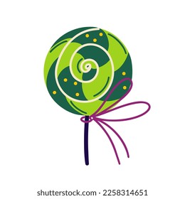 Green lollipop vector icon. Sweet striped candy on a stick. Tasty dessert made from sugar, caramel. Festive sour treat. Illustration isolated on white. Flat cartoon clipart for cards, posters, prints