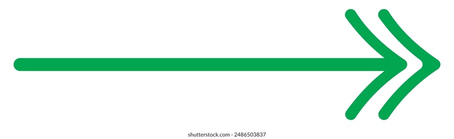 Green long arrow pointing to the right. Straight long arrow icon, right thin line, Green cursor, horizontal element, thick pointer vector long arrow icon isolated on white background.