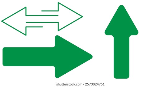 Green long arrow pointing to the right. Straight long arrow icon, right thin line, Green cursor, horizontal element, thick pointer vector long arrow icon. Bold arrow icon. Design Eps 10