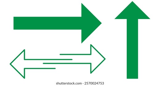 Green long arrow pointing to the right. Straight long arrow icon, right thin line, Green cursor, horizontal element, thick pointer vector long arrow icon. Bold arrow icon. Design Eps 10