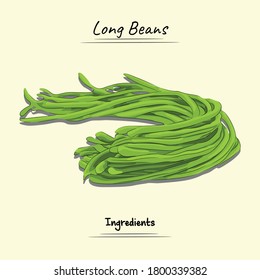 Green Long Beans Illustration, Ingredients For Cooking Some Food, Sketch & Vector Style Isolated On Yellow Background