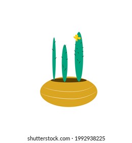 Green long cactus with a flower in a yellow pot with a pattern, isolated on a white background. Plants and Home Decor Items