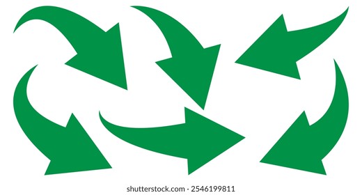 Green long curved arrow icon set isolated on white background. Curved arrow sign.