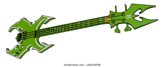 Green Long neck guitar or bass for metal or heavy metal vector color drawing or illustration