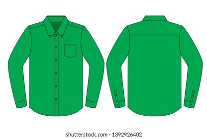Green Long Sleeve Dress Shirt With One Pocket Template On White Background.Front and Back View, Vector File