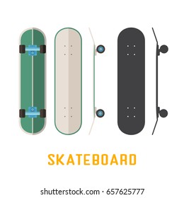 Green Longboard Skateboard Bottom, Top And Side View. Vector Skateboarding Deck In Flat And Outline Design.