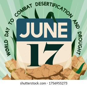 
Green loose-leaf calendar and some grass with glowing lights breaking arid earth to commemorate World Day to Combat Desertification and Drought in June 17
