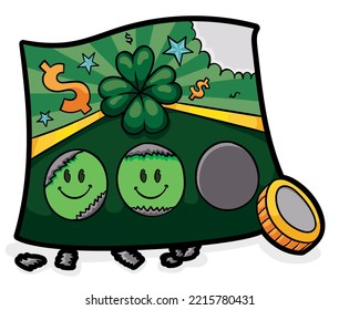 Billete de lotería verde con juego de Scratch y Win con dos opciones reveladas y moneda lista para rascar la última opción.