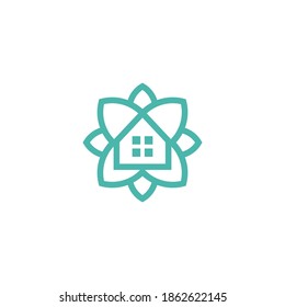 Green Lotus Flower House Home Line Style. Spa Meditation Yoga Logo Design Vector