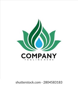 Green lotus flower logo with blue water droplet and company text on white background vector graphic illustration design