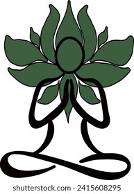 Green Lotus symbol on the shoulders and back of a yoga, meditation black silhouette drawing 