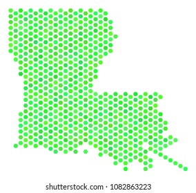 Green Louisiana State map. Vector hex tile territorial plan in eco green color tones. Abstract Louisiana State map collage is constructed of hexagon blots.