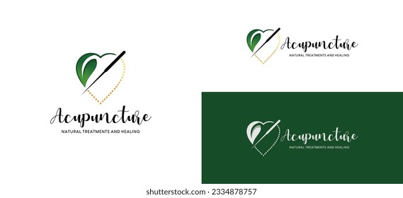 Diseño de logotipo de acupuntura de amor verde, tratamiento de acupuntura natural y logotipo de curación