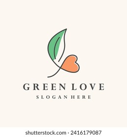 Green love logo and green leaf symbol. Ecology 