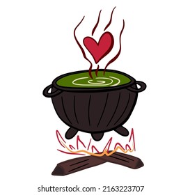Green love potion boiled in vat on bonfire. Doodle hand drawn vector illustration
