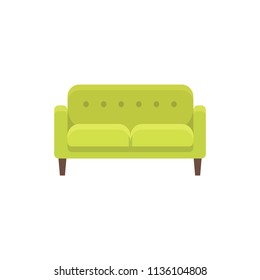 Green loveseat. Double sofa. Vector illustration. Flat icon of settee. Element of modern home & office furniture. Front view.