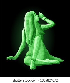 Green low poly illustration with beautiful girl on black background