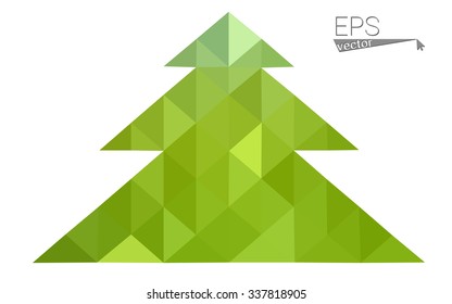 Green low polygon style christmas tree vector illustration consisting of triangles . Abstract triangular polygonal origami or crystal design of New Years celebration. Isolated on white background.