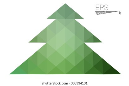 Green low polygon style christmas tree vector illustration consisting of triangles . Abstract triangular polygonal origami or crystal design of New Years celebration. Isolated on white background.