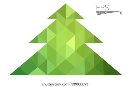 Green low polygon style christmas tree vector illustration consisting of triangles . Abstract triangular polygonal origami or crystal design of New Years celebration. Isolated on white background.