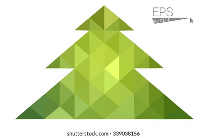 Green low polygon style christmas tree vector illustration consisting of triangles . Abstract triangular polygonal origami or crystal design of New Years celebration. Isolated on white background.