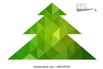 Green low polygon style christmas tree vector illustration consisting of triangles . Abstract triangular polygonal origami or crystal design of New Years celebration. Isolated on white background.