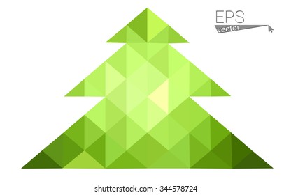 Green low polygon style christmas tree vector illustration consisting of triangles . Abstract triangular polygonal origami or crystal design of New Years celebration. Isolated on white background.