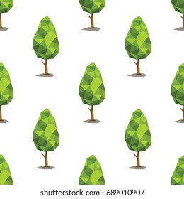 Green low polygonal trees seamless pattern in cartoon style isolated on white background vector illustration