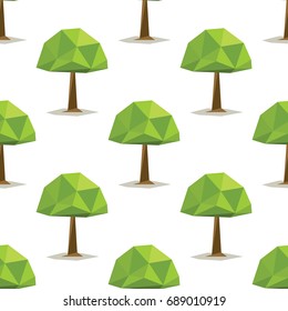 Green low polygonal trees seamless pattern in cartoon style isolated on white background vector illustration