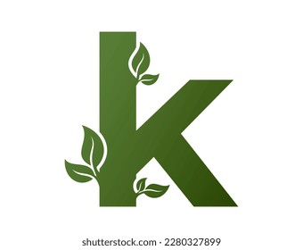 green lowercase letter k with leaves icon. eco alphabet logotype. nature and environment design element. isolated vector image