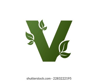 green lowercase letter v with leaves icon. creative alphabet logotype. nature and environment vector design element