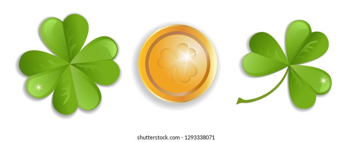 Green lucky clover and gold coin isolated on white background. Vector Clipart, St. Patrick's Day