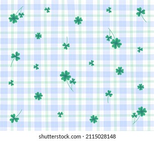 Green Lucky Clover Leaf Blue Green Gingham Patterns Hintergrund Editable Stroke. Vektor Illustration Tablecloth, Picnic matte Packpapier.	