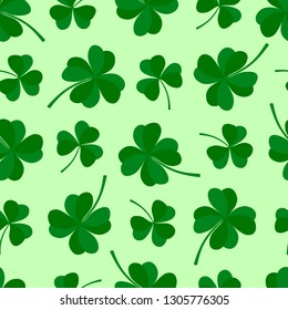 Green lucky clover seamless pattern. St. Patrick's day symbol. Vector illustration