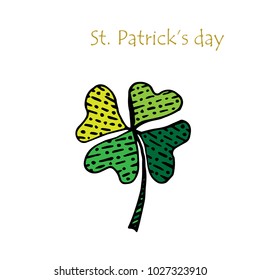 Green lucky four leaf clover symbol of St. Patrick's day. Isolated on white vector cartoon illustration