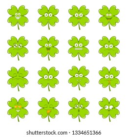 Green lucky irish clover set of cute emotions for st.Patricks day,vector illustration