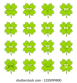 Green lucky irish clover set of cute emotions for st.Patricks day,vector illustration