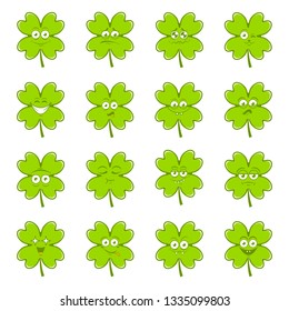 Green lucky irish clover set of cute emotions for st.Patricks day,vector illustration