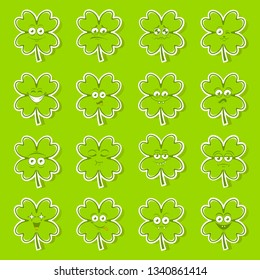 Green lucky irish clover sticker set of cute happy emotions for st.Patricks day,vector illustration