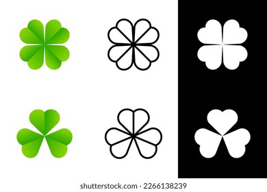 Green lucky leaf Clover isolated on white background. Three leaf in different design. St. Patricks day. Vector illustration.
