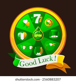 Green Lucky Wheel of Fortune with ribbon of text Good luck and set icons. Spin for St. Patrick Day. Lucky spin. Casino banner design element for UI game