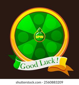 Green Lucky Wheel of Fortune with ribbon of text Good luck. Spin for St. Patrick Day. Lucky spin. Casino banner design element for UI game