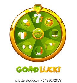 Green Lucky Wheel of Fortune, Spin for St.Patrick Day. Lucky spin. Casino banner design element for UI