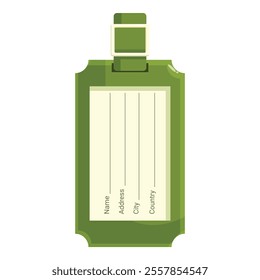 Green luggage tag with a blank name, address, city, and country label is ready for a traveler's information