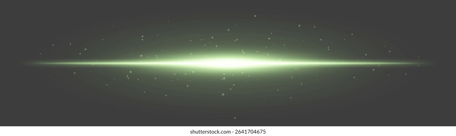 Green luminous flare. Central beam with scattered particles and smooth glow on dark gray background, used for fantasy, digital energy, UI visuals.
