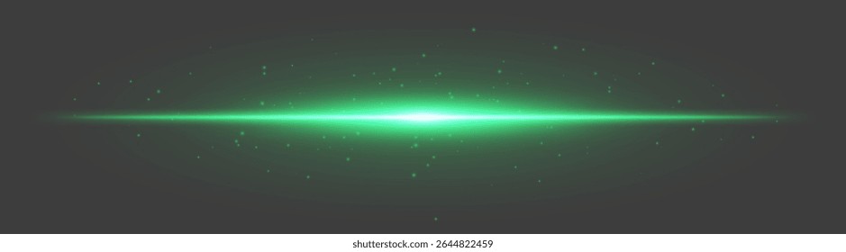 Green luminous flare. Central beam with scattered particles and smooth glow on dark gray background, used for fantasy, digital energy, UI visuals.