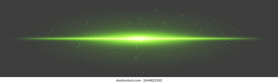 Exacerbação luminosa verde. Feixe central com partículas dispersas e brilho suave no fundo cinza escuro, usado para fantasia, energia digital, visuais de interface do usuário.