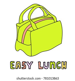 Green lunch bag with handles. Hand drawn sketchy food bag. Vector illustration.