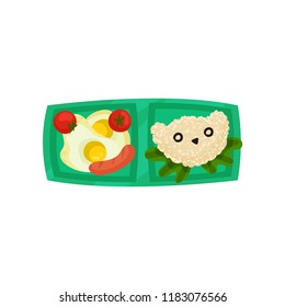 Green lunch box with fried eggs with tomatoes and sausage, rice in shape of bear head. Plastic tray with food. Flat vector icon