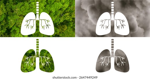 Green lung and pollution lung vector symbolizing clean air, forest conservation, and health impact of pollution. Ideal for environment, health awareness, air quality, and ecology presentation.